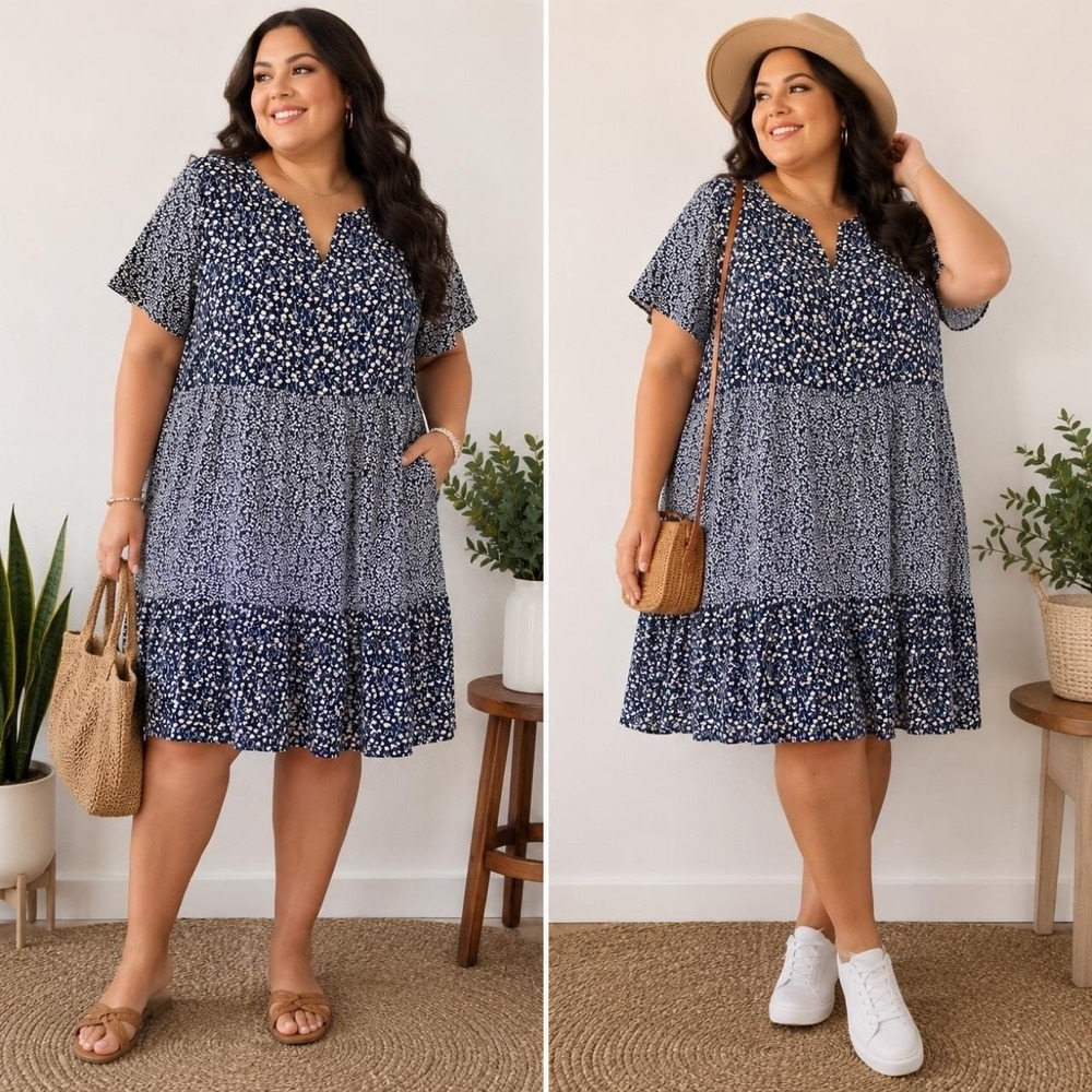 Emery Rose Dress 4XL Blue Floral Short Sleeve Tier Babydoll Cottagecore Feminine